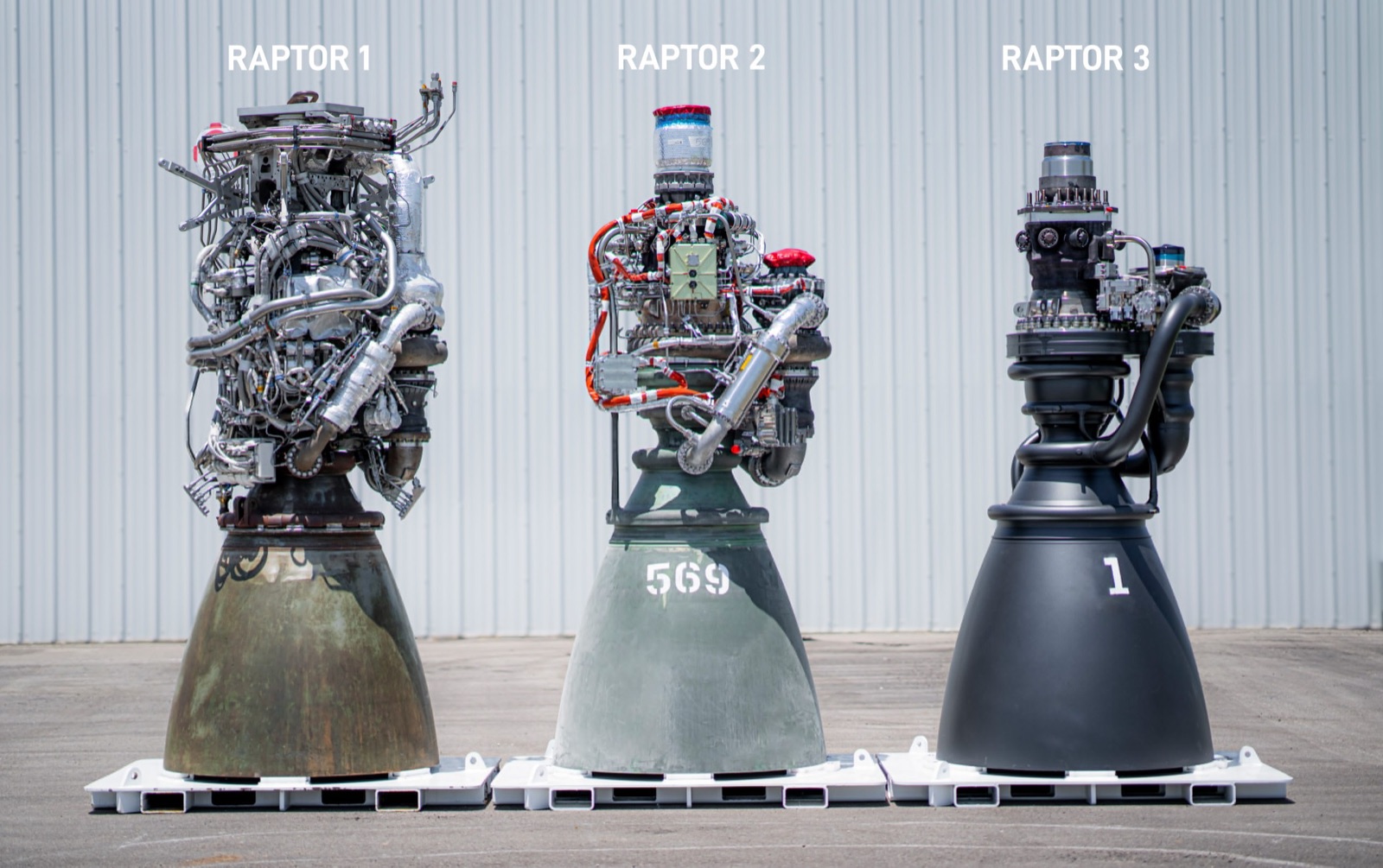 Three SpaceX Raptor engines side by side, labelled Raptor 1, Raptor 2 and Raptor 3. Each has visibly fewer external pipes, wires and brackets than the one before it.